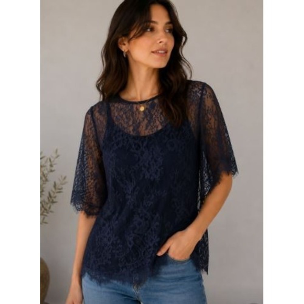 Torrid Lace Overlay Blouse Womens 3x Navy Blue Fairy Romantic Gothic Floral Plus